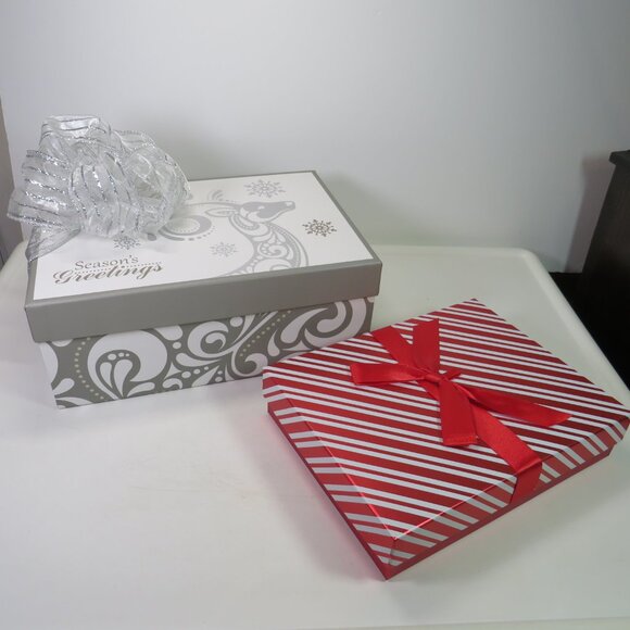 Red Striped and Large Gray Deer Metallic (2) Gift Boxes Holiday Winter - Picture 1 of 12